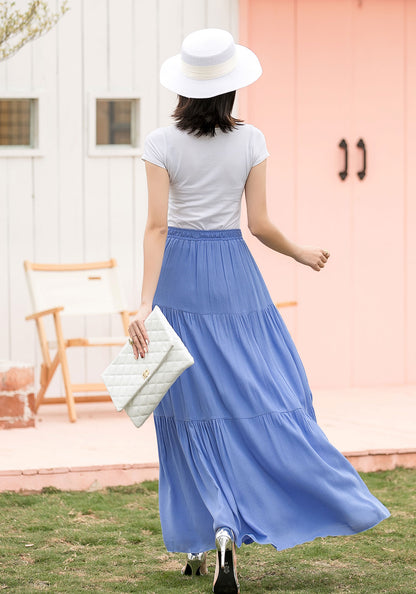 Blue Cotton Linen Maxi Skirt - Ruffle Tiered Pleated Design 2717