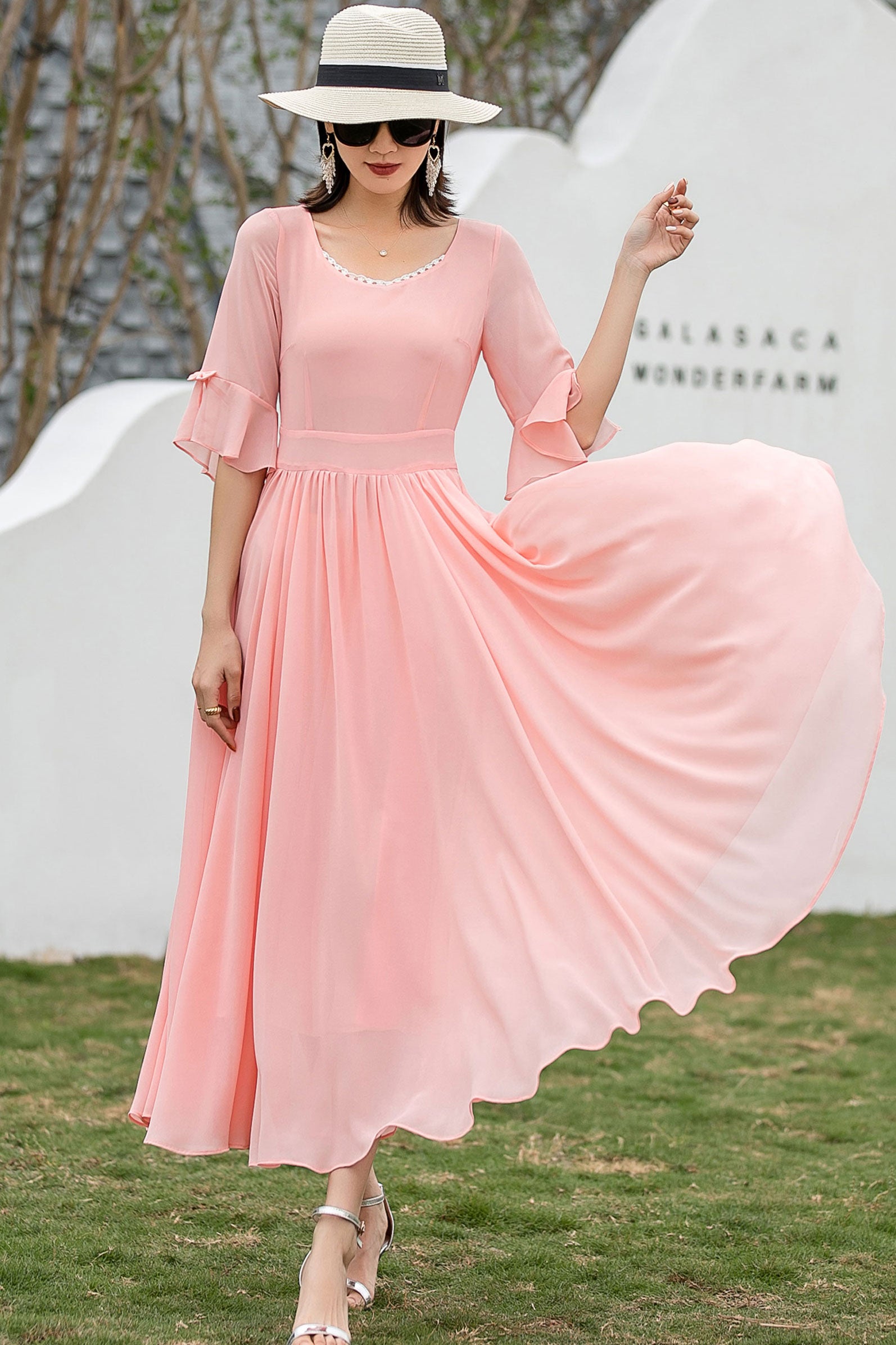 Pink Chiffon Maxi Dress - Fit & Flare Silhouette with Lace V-Neck 2719