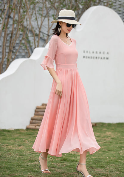 Pink Chiffon Maxi Dress - Fit & Flare Silhouette with Lace V-Neck 2719