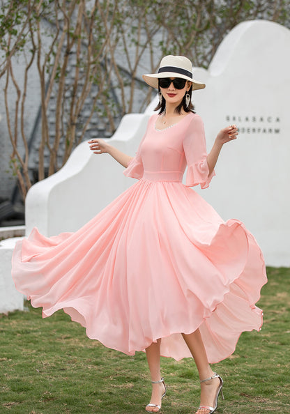 Pink Chiffon Maxi Dress - Fit & Flare Silhouette with Lace V-Neck 2719