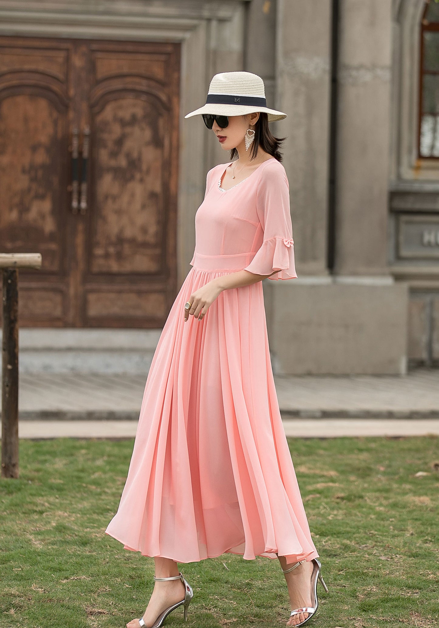 pink half sleeve fit&flare swing maxi chiffon dress 271901