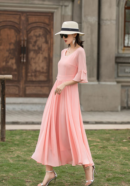 Pink Chiffon Maxi Dress - Fit & Flare Silhouette with Lace V-Neck 2719