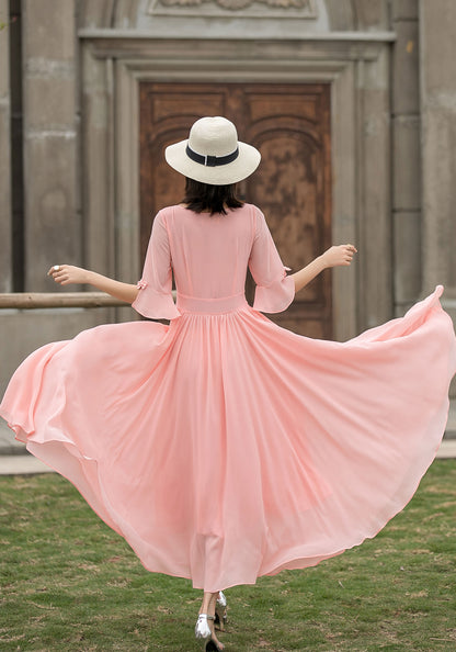Pink Chiffon Maxi Dress - Fit & Flare Silhouette with Lace V-Neck 2719