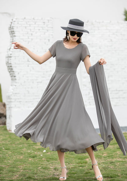 Grey Chiffon Maxi Dress - Vintage Swing with Fitted Waistband 2720