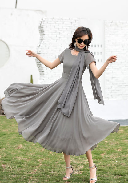 Grey Chiffon Maxi Dress - Vintage Swing with Fitted Waistband 2720