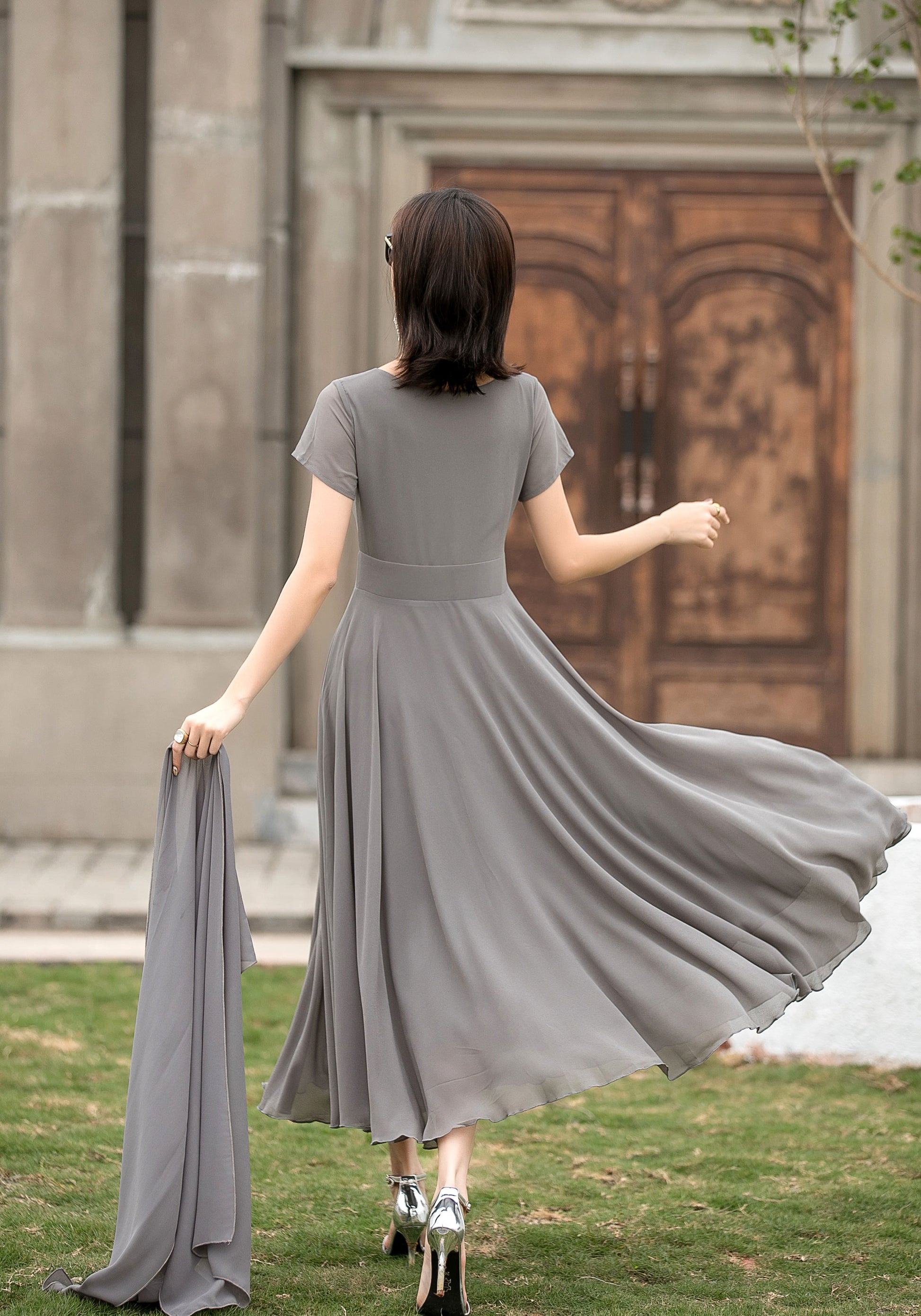 Grey Chiffon Maxi Dress - Vintage Swing with Fitted Waistband 2720