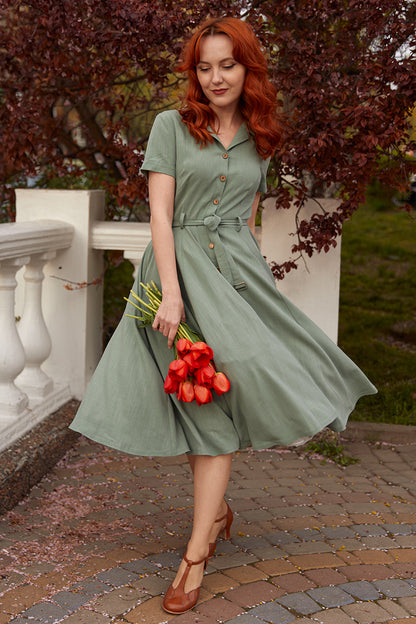 50s Midi Swing Linen Shirt Dress 3477