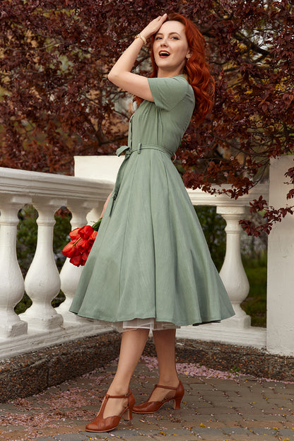 50s Midi Swing Linen Shirt Dress 3477