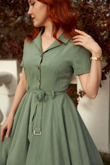 50s Midi Swing Linen Shirt Dress 3477