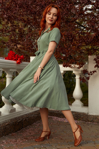 50s Midi Swing Linen Shirt Dress 3477