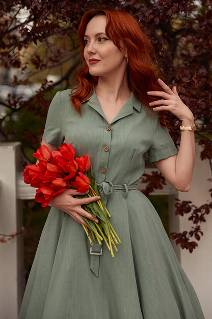 50s Midi Swing Linen Shirt Dress 3477