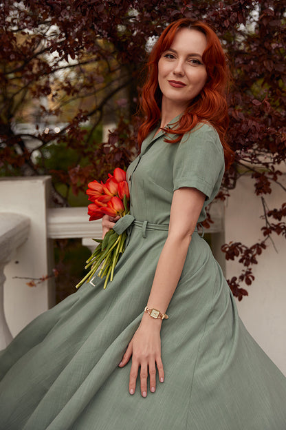 50s Midi Swing Linen Shirt Dress 3477