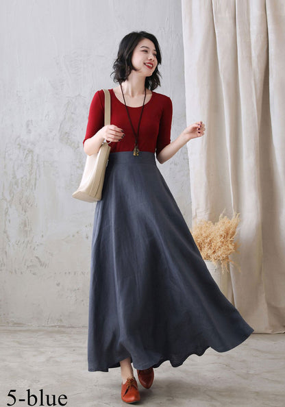 Gray Linen A-Line Maxi Skirt - Elastic Waist with Side Pockets 2822