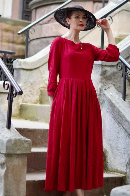 Red Linen Blend A-Line Maxi Dress - Seam Pockets & Boat Neckline 3742