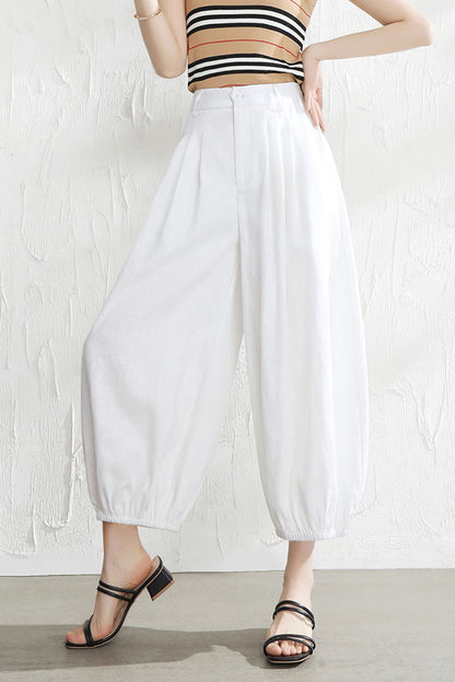 Beige Linen Wide Leg Pants - Casual Relaxed Fit with Elastic Waist 3516