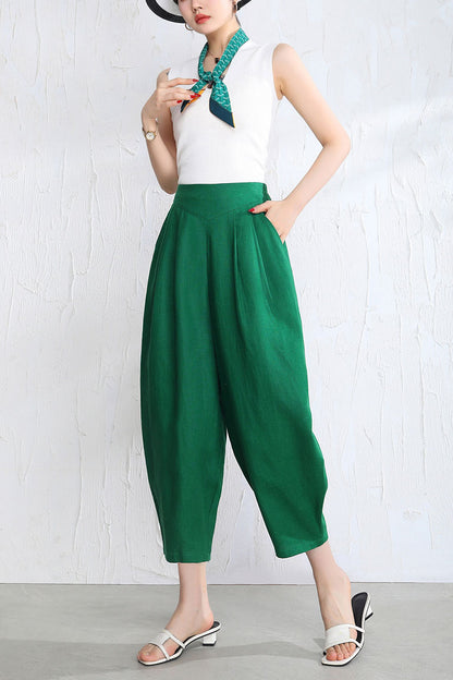 White Linen Wide Leg Pants - Casual Elastic Waist Loose Fit 3514