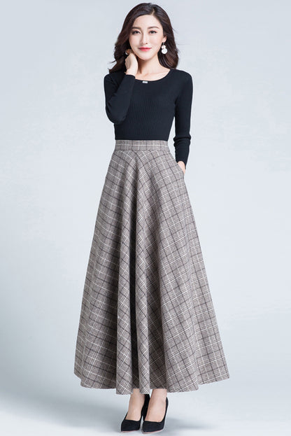 Beige Wool Swing Maxi Skirt - Elastic Waist Plaid Elegance 3936