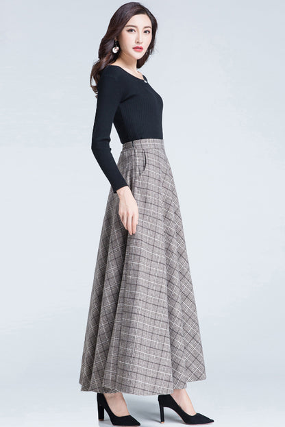 Beige Wool Swing Maxi Skirt - Elastic Waist Plaid Elegance 3936