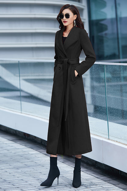 Handmade Red Wool Coat – Elegant Double-Breasted Belted Long Winter Overcoat | Xiaolizi 3981