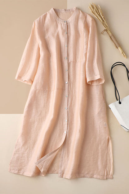 Blush Beige Linen Shirt Dress - Loose Fit Half Sleeve 3602