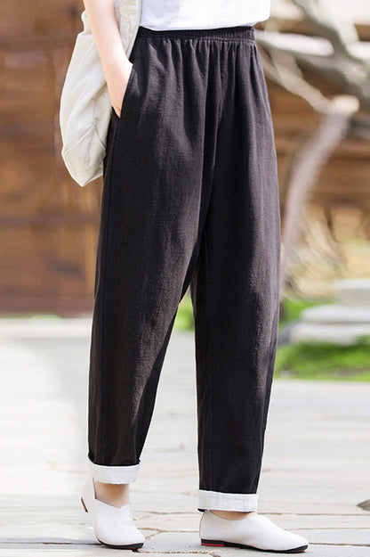 Navy Linen Blend Wide Leg Pants - Vintage Inspired Elastic Waist 3671