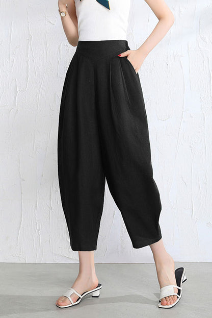 White Linen Wide Leg Pants - Casual Elastic Waist Loose Fit 3514