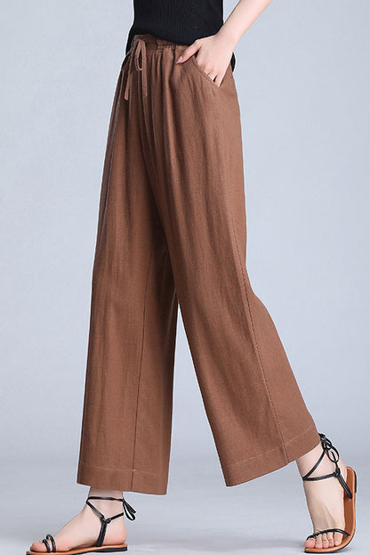 Brown Linen Wide Leg Pants - Elastic Waist, Loose Fit 3520