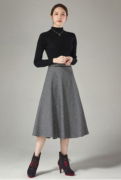 Rust Brown Wool Midi Skirt - High Waist A-Line Silhouette J111