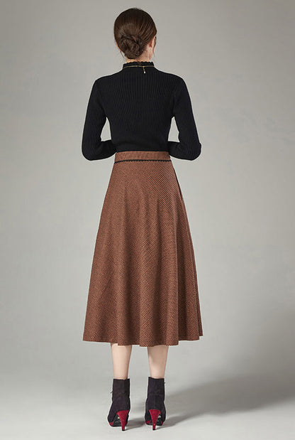 Rust Brown Wool Midi Skirt - High Waist A-Line Silhouette J111