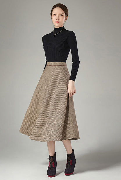 Rust Brown Wool Midi Skirt - High Waist A-Line Silhouette J111