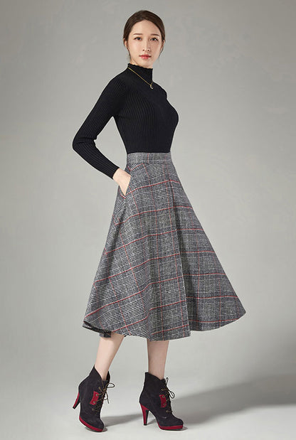 Plaid Wool Midi Skirt - Vertical Stitching, High Waist J106