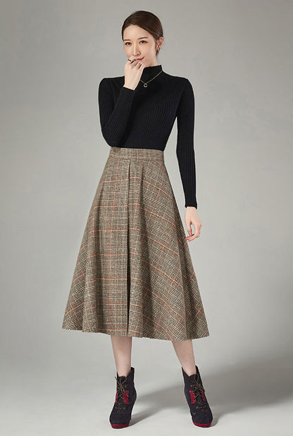 Plaid Wool Midi Skirt - Vertical Stitching, High Waist J106