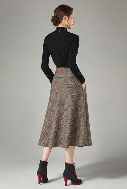 Plaid Wool Midi A-Line Skirt - High Waist with Insert Pockets J110