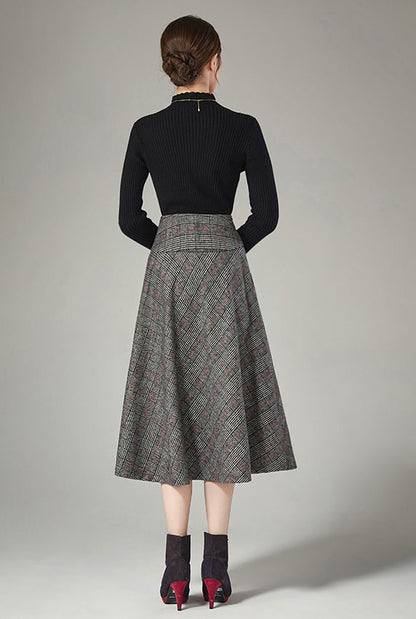 Plaid Wool Midi A-Line Skirt - High Waist with Insert Pockets J110