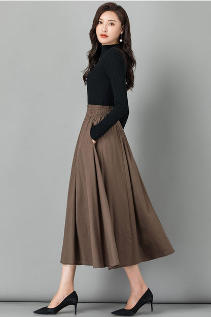 Emerald Green Linen Midi Skirt - High Waist Pleated Casual Style 4103