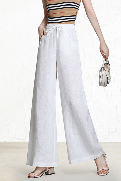White Linen Wide Leg Pants - Elastic Waist with Front Pockets 3518