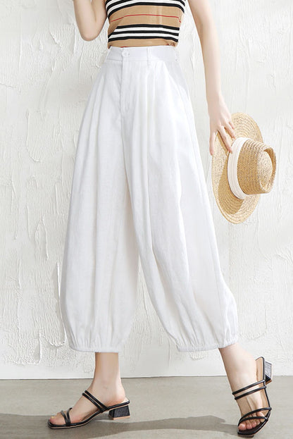 Beige Linen Wide Leg Pants - Back Elastic Waist Casual Fit 3529