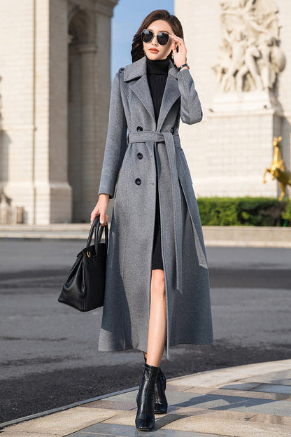 Vintage-Inspired Long Wool Coat – Women’s Belted Winter Overcoat with Pockets 3980