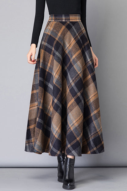 Brown Wool Maxi Skirt - High Waist A-Line Plaid 3799