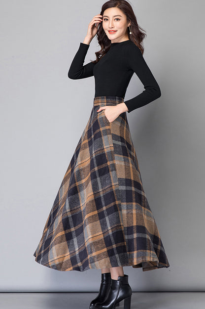 Brown Wool Maxi Skirt - High Waist A-Line Plaid 3799