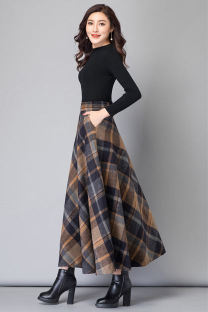 Brown Wool Maxi Skirt - High Waist A-Line Plaid 3799
