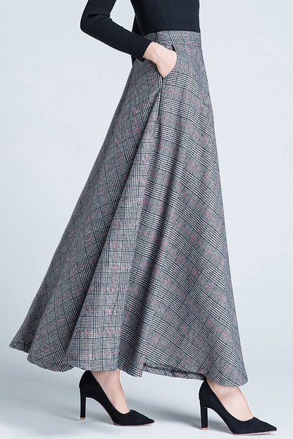 Plaid Wool Skirt - High Waist Ankle Length with Full Silhouette 3945