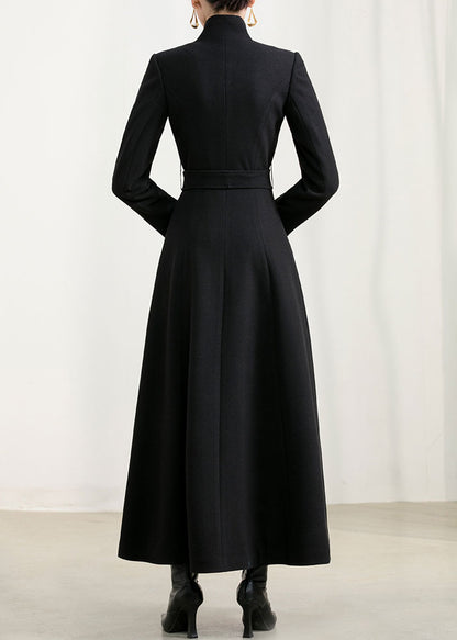 Black Wool Maxi Coat - High Collar, Fit and Flare Silhouette 2957