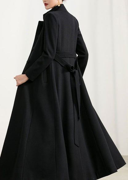 Black Wool Maxi Coat - High Collar, Fit and Flare Silhouette 2957