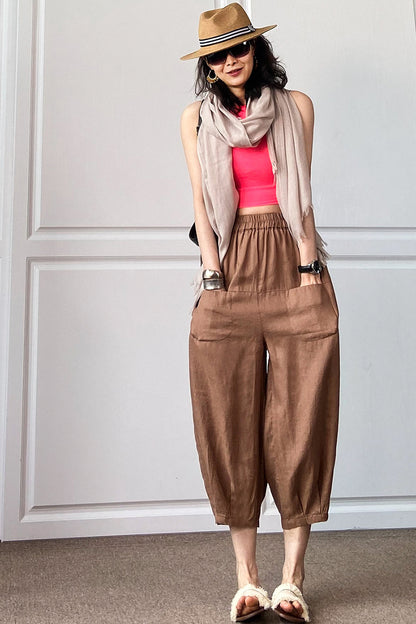 Brown Linen Wide Leg Cropped Pants - Elastic Waist, Front Pockets 3507