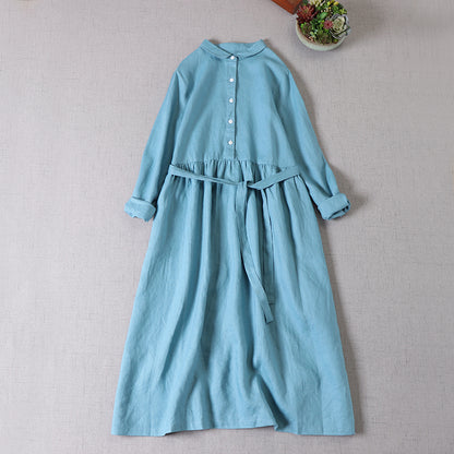 Beige Cotton Linen Midi Dress - Pleated Swing, Button-Up Waist Tie 280501
