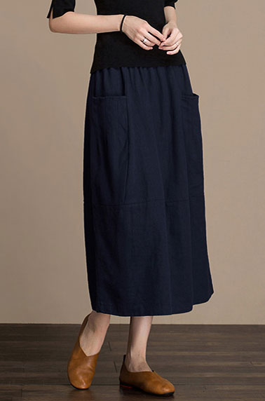 Navy Cotton and Linen Midi Skirt - Lantern Silhouette with Elastic Waist J084-2