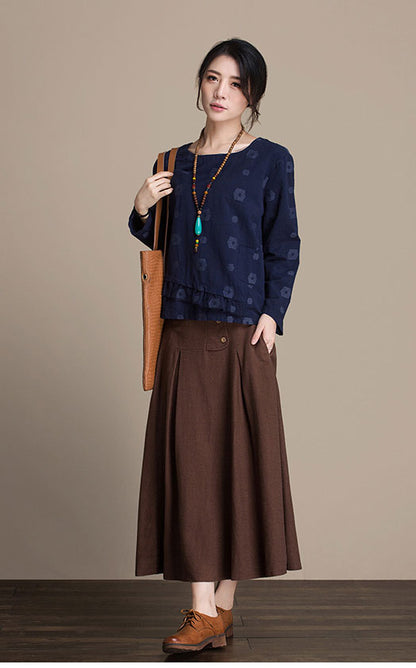 Black Linen Maxi Skirt - Elastic Waist with Side Pockets J084-14