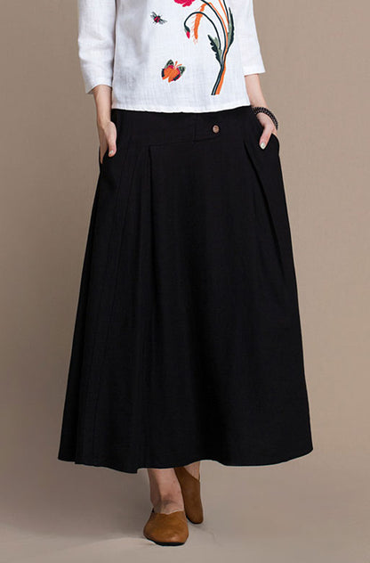 Black Linen Maxi Skirt - Elastic Waist with Side Pockets J084-14