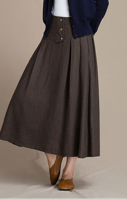 Black Linen Maxi Skirt - Elastic Waist with Side Pockets J084-14
